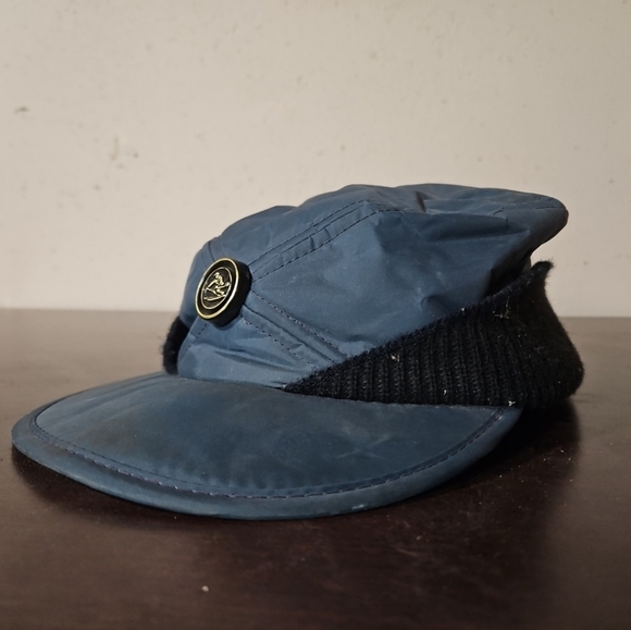 Vintage Large 7 3/8" Quilted Ski Hat Blue Neck Ear Flaps Brim Cap USA - Picture 1 of 11